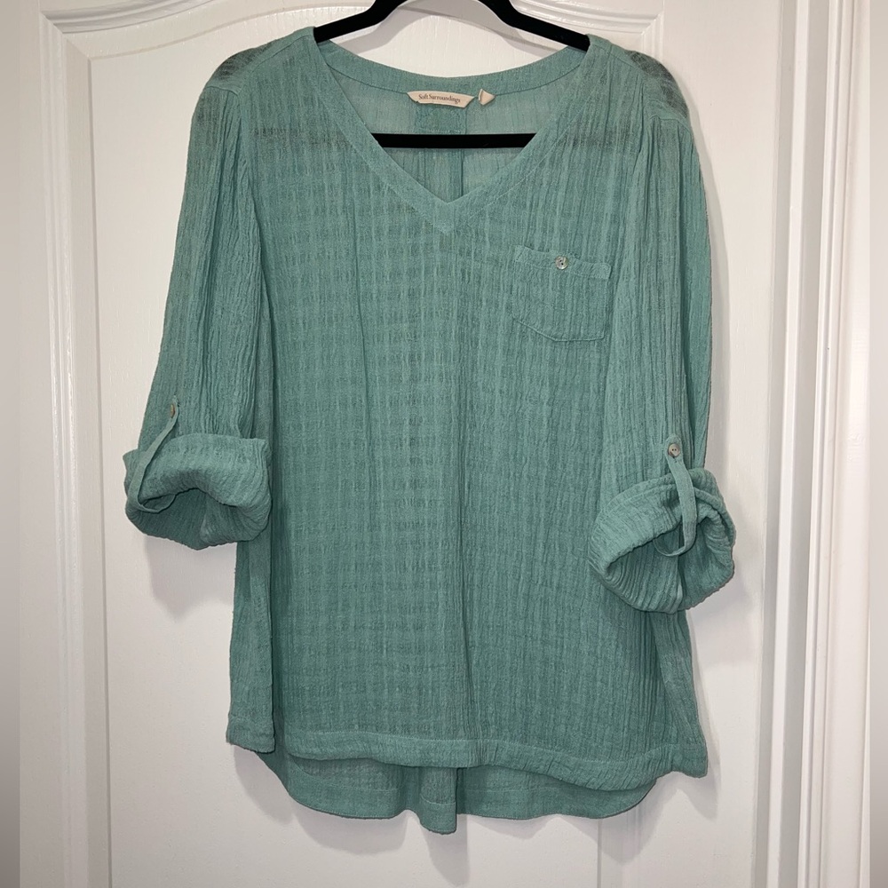 Soft Surroundings Sage Textured V-Neck Blouse Roll-Tab Sleeves Women’s Small